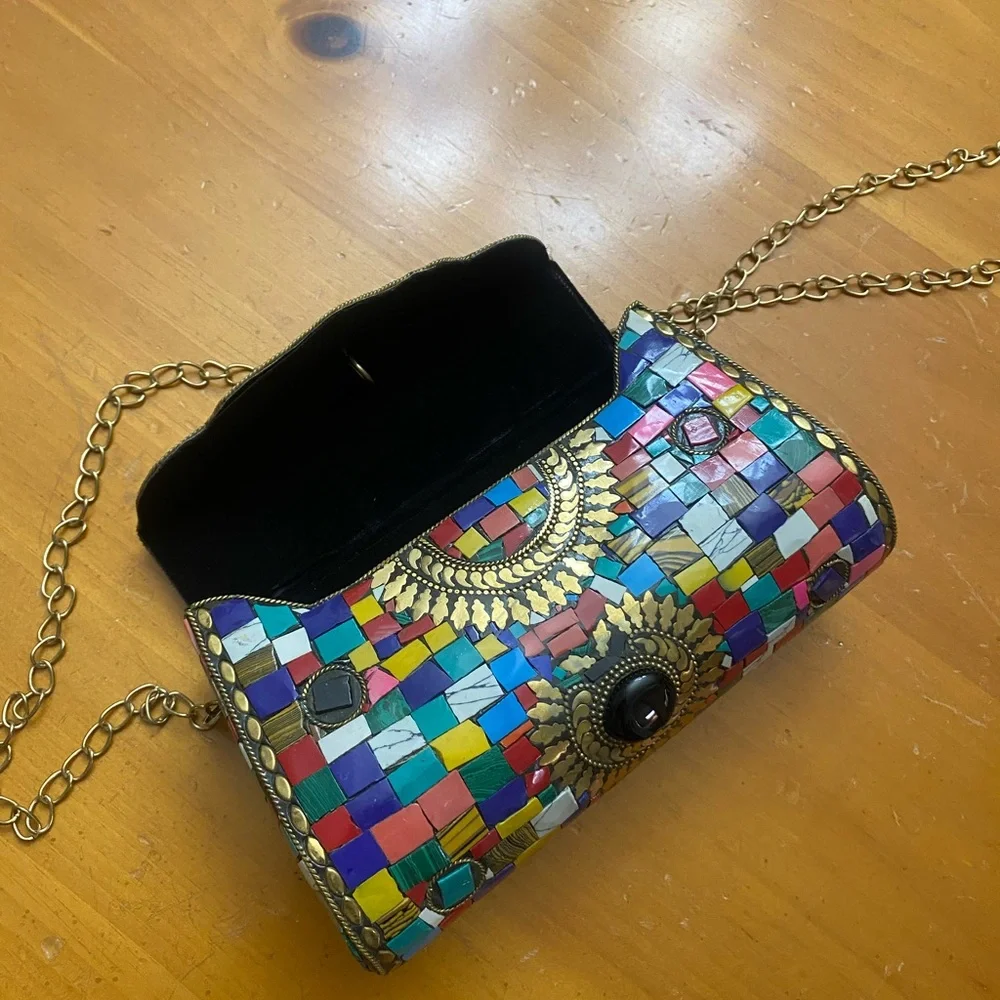 Clutch Crossbody Handcrafted Mosaic Stone Tiles Bag Chain Ornate Metal ANTIQUE - Picture 14 of 15
